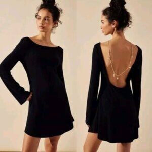 Free People Rosalia Long-Sleeve Black Knit Low-Back Mini Dress, Size M